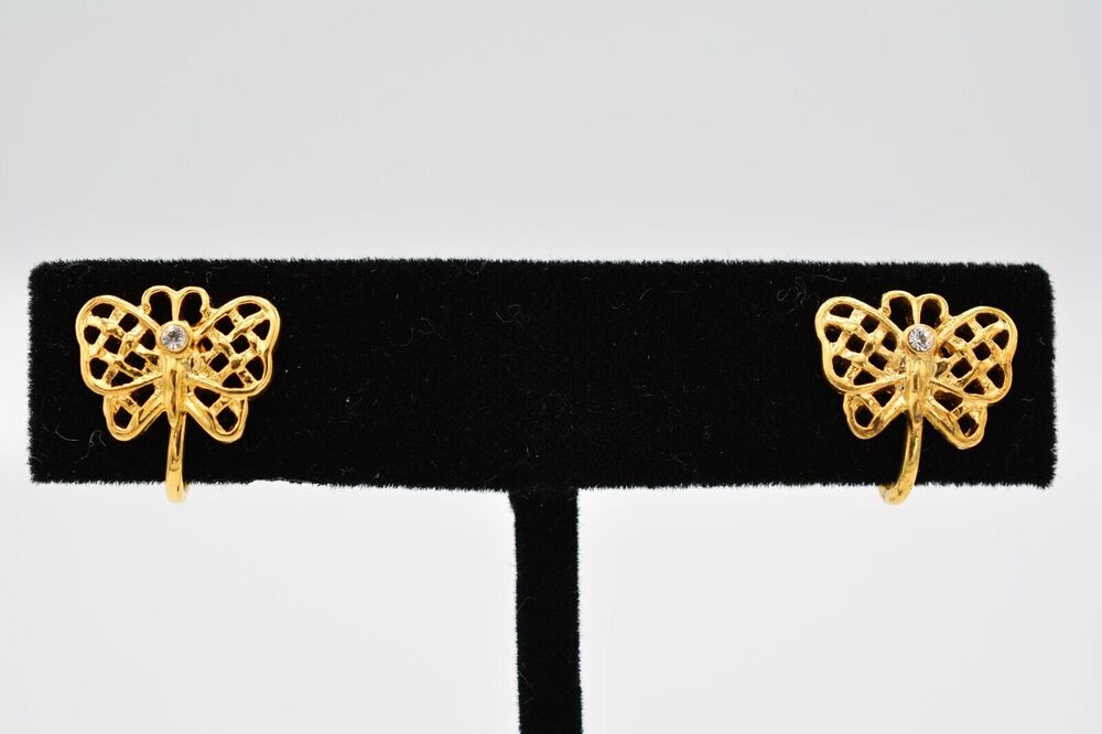 Vintage Butterfly Clip On Earrings Huggie Gold Rhinestone Crystal NOS 90s BinA3